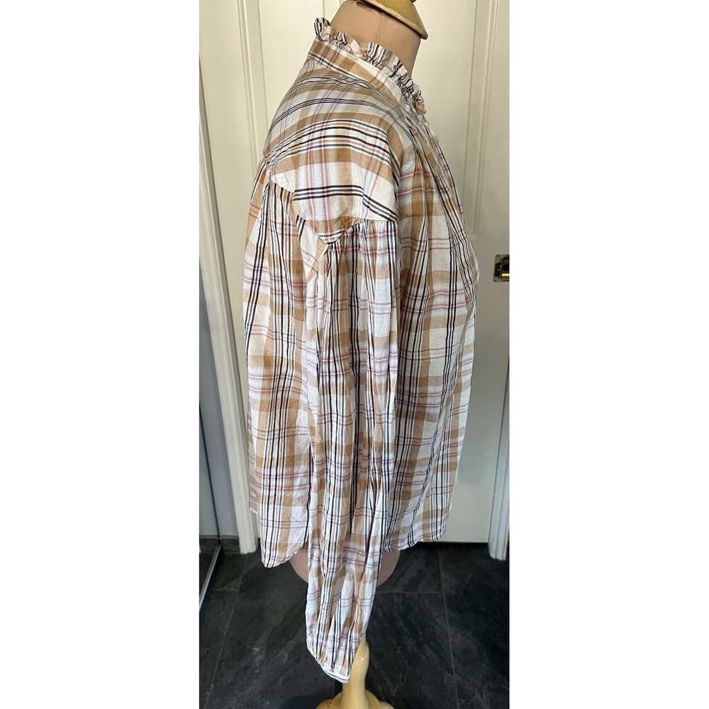 Gap Womens Plaid Button Up Shirt Size Medium Ruffle Neck Neutral Country Western - Picture 3 of 8
